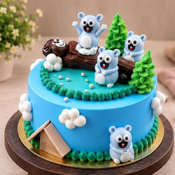Cute Woodland Bear Cake - Blue Forest Theme Birthday Cake - 1 Kg - Eggless | Creamingo